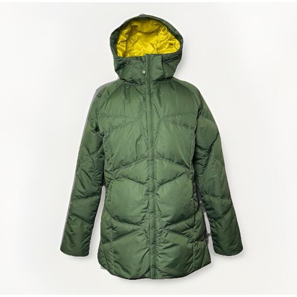 REI Down Puffer Parka Jacket Coat Womens Large Hooded Fleece Quilt Green Checker - Picture 1 of 12
